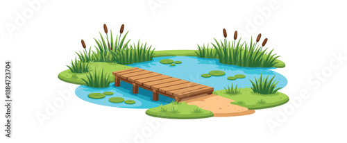 Flat vector illustration of single marshland with reeds and boardwalk isolated on pure white slightly style high quality no texture no grain