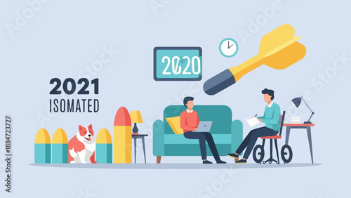 Isolated 2021 scene with a dog, people working, and a dart