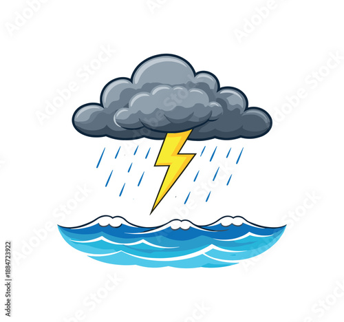 Flat vector illustration of single cloud over the ocean with one lightning bolt isolated on pure white slightly style high quality no texture no grain