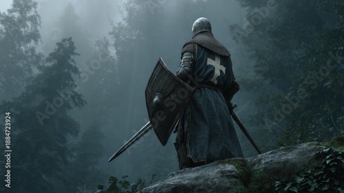Medieval knight on watch in forest landscape with sword and shield