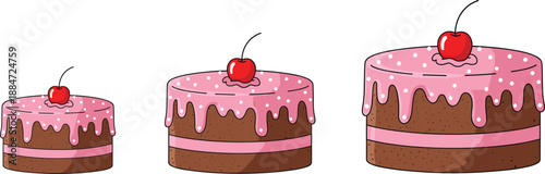 Set of three chocolate cakes with pink icing and a red cherry on top in small medium and large sizes isolated on white
