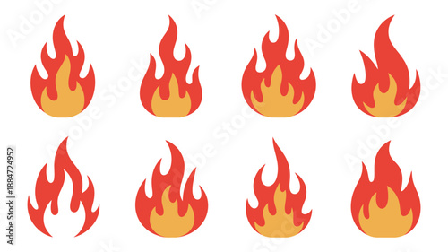 Fire flame silhouettes vector set isolated on white background, burning heat and flame symbols