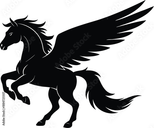 flying pegasus silhouette,  line art, silhouette illustration, mythical horse, vector graphic