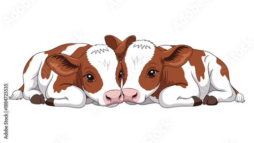 Two adorable brown and white baby calves are lying down facing each other, with their muzzles touching playfully, against a clean white background.