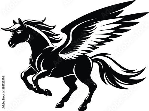 flying pegasus silhouette,  line art, silhouette illustration, mythical horse, vector graphic