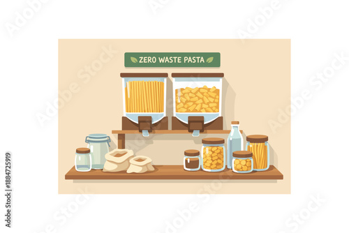 Flat vector illustration of zero waste pasta refill shelf with bins of spaghetti and short pasta shapes and reusable jars nearby style clean 2D shapes no outlines minimal details matte