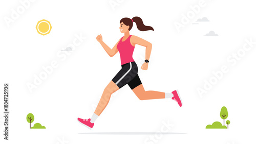 A spirited woman with a ponytail is actively running outdoors, depicted with a sunny sky, small trees, and clouds, emphasizing an active healthy lifestyle.