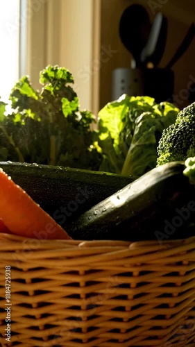 Healthy And Fresh Vegetables Basket With Sunlight Illuminated In The Kitchen