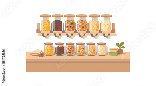 Flat vector illustration of zero waste cereal and granola dispenser row with jars beneath and clean style clean 2D shapes no outlines minimal details matte colors layered depth gentle