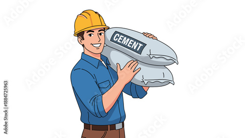 A smiling construction worker wearing a yellow hard hat and a blue shirt, confidently carrying two bags of cement on his shoulder, ready for work.