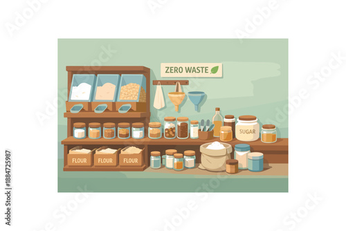 Flat vector illustration of zero waste flour and baking ingredients refill corner with bins funnels and small jars style clean 2D shapes no outlines minimal details matte colors layered