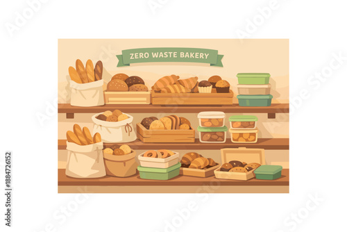 Flat vector illustration of zero waste bakery bread display with cloth bags and reusable pastry boxes on shelves style clean 2D shapes no outlines minimal details matte colors layered depth
