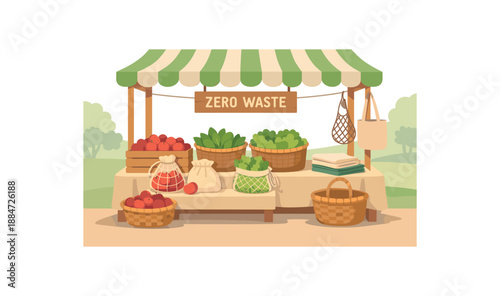 Flat vector illustration of zero waste fresh produce stand with reusable produce bags and baskets of apples and greens style clean 2D shapes no outlines minimal details matte colors layered