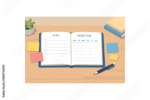Flat vector illustration of minimal planner spread on desk with sticky notes and pen style clean 2D shapes no outlines minimal details matte colors layered depth gentle atmospheric haze