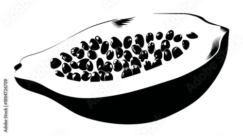 A black and white illustration of a sliced fruit, revealing dark seeds within its flesh