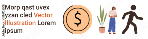 Business, earning potential, savings, lifestyle, employment, interior design. Dollar sign within a circle, woman near a plant walking figure. Business and earning potential concepts