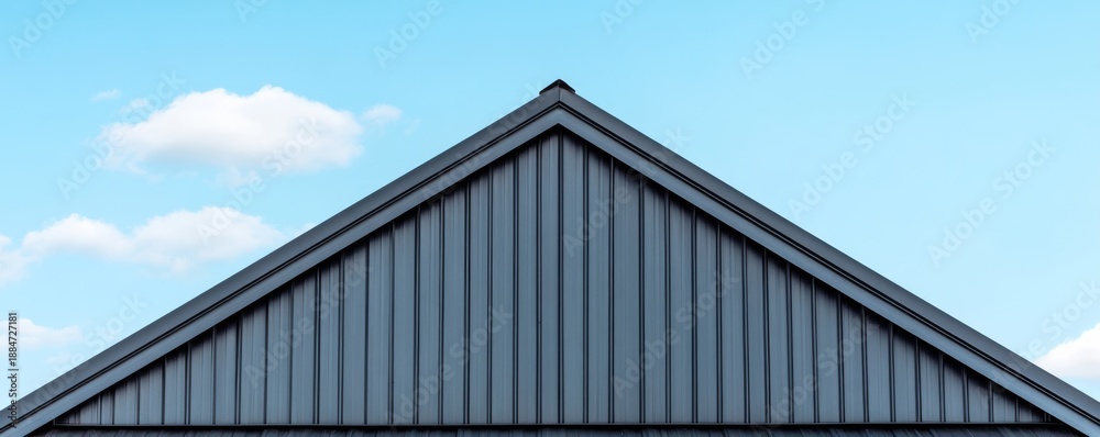 Fototapeta premium Modern Gable Roofline Geometric dark metal siding meets a bright blue sky with scattered clouds, highlighting clean lines and simplicity. Architecture, Minimalist
