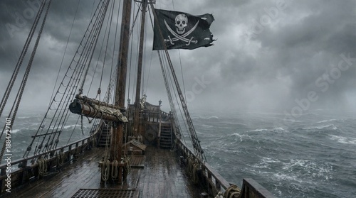 Barco pirata antiguo navegando en mar embravecido bajo un cielo tormentoso. La bandera Jolly Roger ondea en el mástil, creando una escena oscura, épica y cinematográfica llena de misterio y aventura.