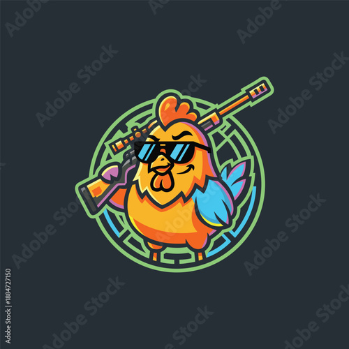 Cool Rooster Sniper Mascot Logo for Esports and Gaming. Tactical Chicken Character with Rifle and Sunglasses Vector Illustration, Battle Royale Gamer Icon.