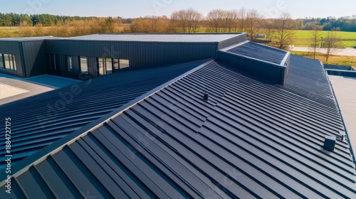 Modern dark metal standing seam roof on a contemporary building, showcasing sleek design and durability against a clear sky. Architecture, Roofing