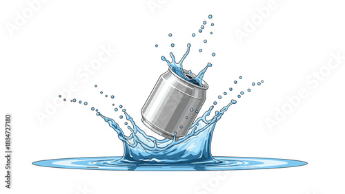 A dynamic moment captured as a silver soda can dramatically splashes into a pool of water, creating an impressive and refreshing splash effect.