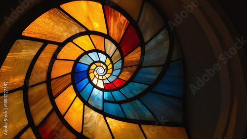 Eine Spirale aus buntem Glas befindet sich an der Decke einer Kirche, 