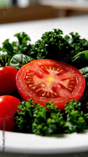 Healthy And Freshly Prepared Tomato Salad With Various Vegetables On A White Plate
