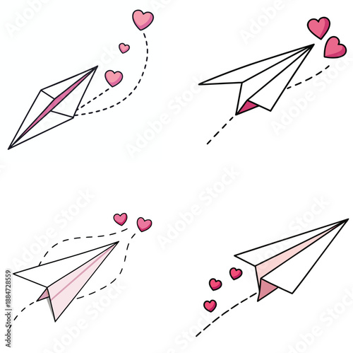 Romantic Paper Plane Icons with Floating Hearts Vector Set