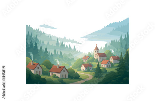 Flat vector background illustration of calm mountain village valley with rooftops and pine silhouettes fading into fog style clean 2D shapes no outlines minimal details matte colors layered