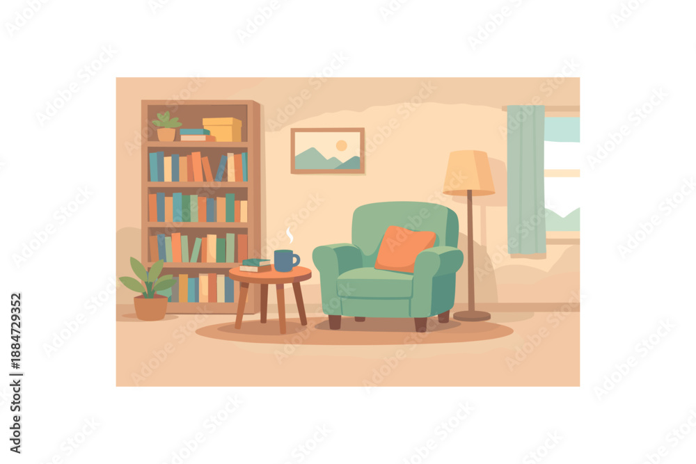 Fototapeta premium Flat vector background illustration of quiet reading corner interior with armchair small side table and tall bookshelf style clean 2D shapes no outlines minimal details matte colors layered