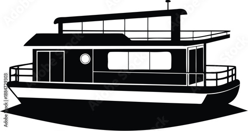 Houseboat  silhouette, minimal boat sketch, watercraft line art, floating home silhouette, single stroke illustration