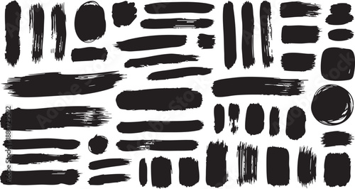 Set of vector paint brush stroke, ink splash and grungy decoration elements. Freehand grunge brush illustration. Black watercolor splatter, texture, frame and abstract background