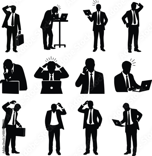 Businessmen experiencing stress and frustration in various office settings and situations
