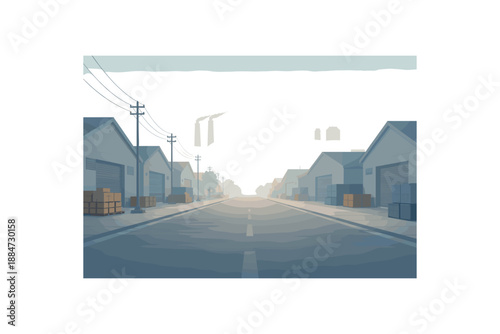 Flat vector background illustration of quiet industrial district street with warehouse silhouettes and distant mist style clean 2D shapes no outlines minimal details matte colors layered