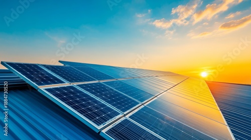 Solar panels reflect sunset hues under a vast blue sky, signifying clean energy's bright future. Renewable Energy, Sustainability