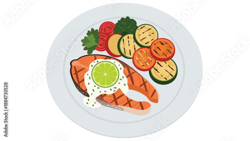 A perfectly grilled salmon steak, generously topped with a creamy sauce and a fresh lime slice, served alongside colorful grilled vegetables on a white plate.