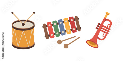 Illustrated Musical Instruments Drum Xylophone Trumpet Set