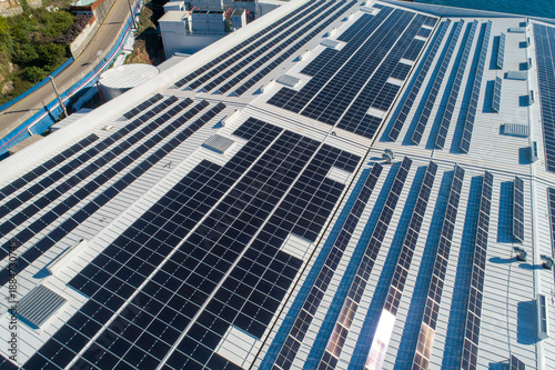 Solar panels covering industrial rooftop producing renewable energy