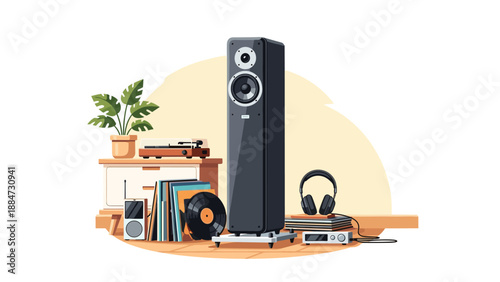 A modern home audio setup featuring a tall speaker, turntable, vinyl records, headphones, and an amplifier, complemented by a potted plant, all on a wooden surface.