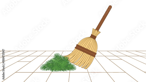 A traditional broom with a sturdy wooden handle is actively sweeping a small pile of green debris, likely pine needles, across a clean tiled floor, representing tidiness.