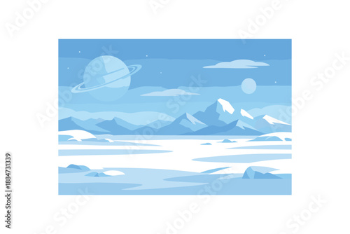 Flat vector background illustration of peaceful alien icy planet with flat snow plains and distant mountains fog style clean 2D shapes no outlines minimal details matte colors layered depth