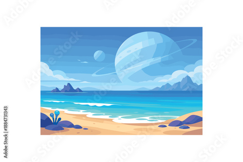 Flat vector background illustration of calm alien ocean planet coastline with gentle waves and large planet overhead style clean 2D shapes no outlines minimal details matte colors layered