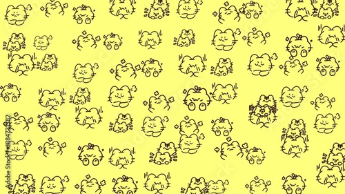 Repeating pattern of cartoon cat on yellow. Suitable for childrens products, party decorations, packaging, and stationery items.