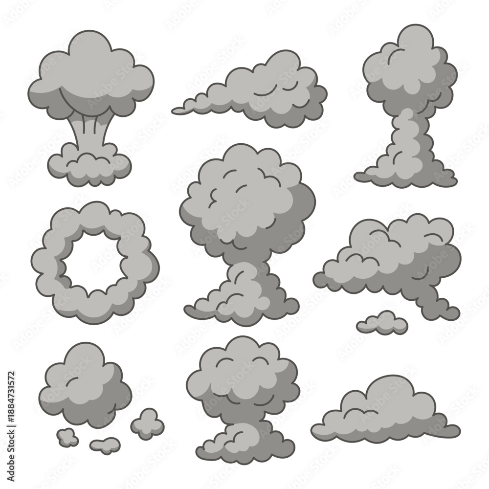 Obraz premium Dynamic cartoon smoke clouds with comic speed effects, perfect for vector illustrations, anime scenes, and explosive action graphics with puff trails