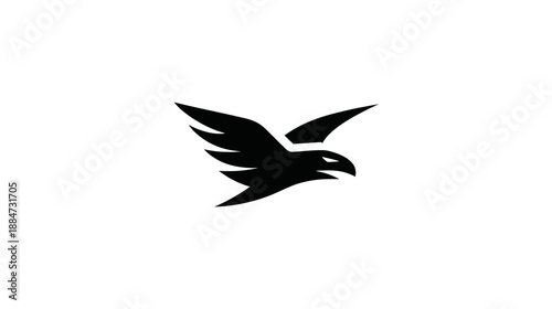 A stylized black and white graphic depicting a bird of prey in flight
