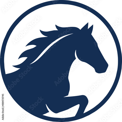 Blue horse silhouette logo inside circular frame isolated on white background, strong equestrian animal emblem, modern sport brand graphic illustration