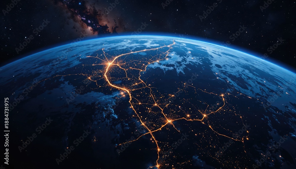 Fototapeta premium Earth at night from space with glowing city lights
