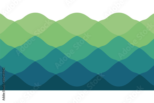 A vibrant graphic illustration of layered wavy lines in various shades of green on a white background