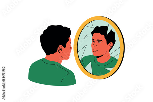 A cartoon man looks at his reflection in a broken mirror with a concerned expression on his face.