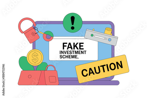 A cartoon laptop with a fake investment scheme warning on the screen, surrounded by cautionary symbols and objects.